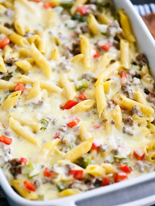 Crockpot Philly Cheesesteak Pasta Casserole